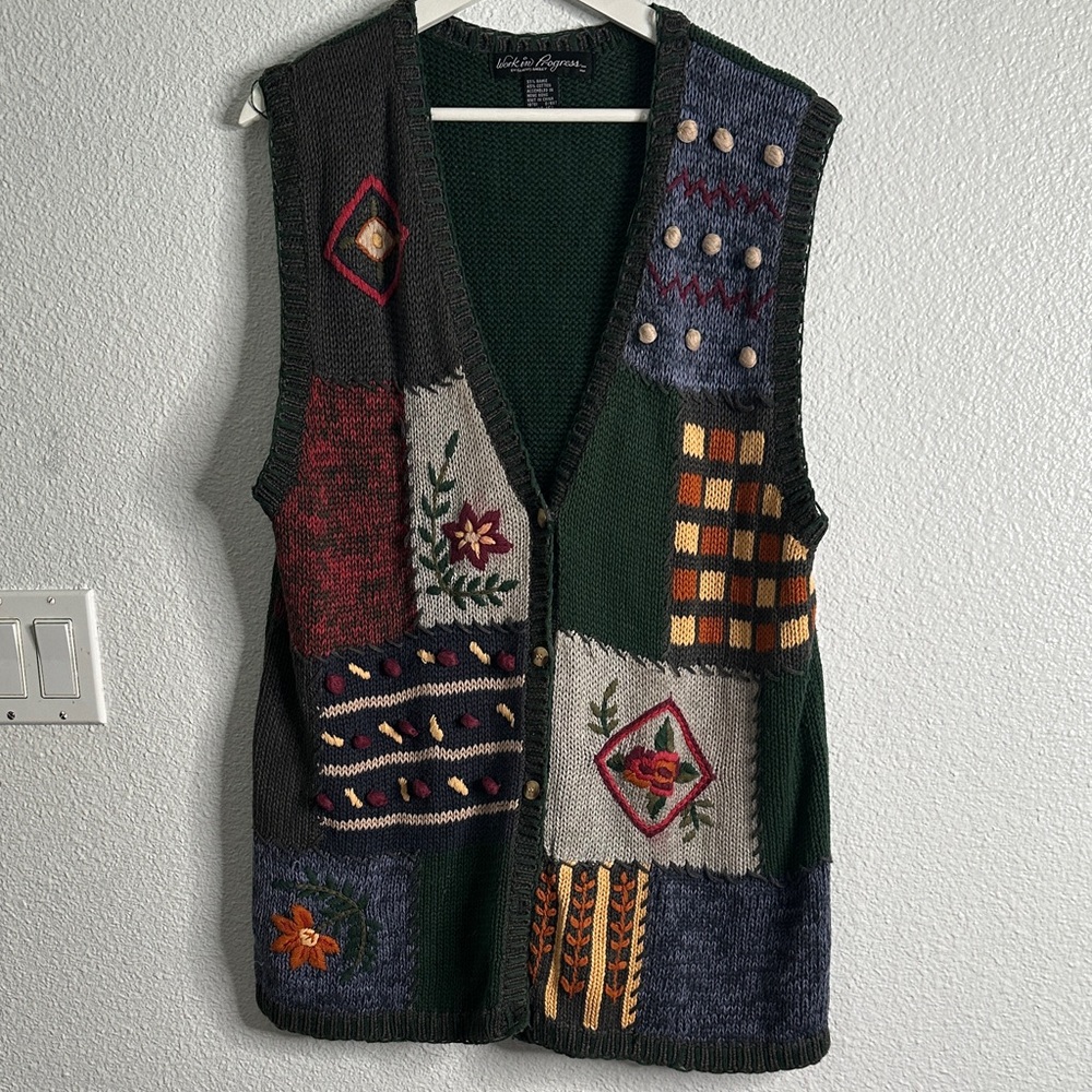 Vintage work in progress Colorful Patchwork Knit Vest green size L 14-16